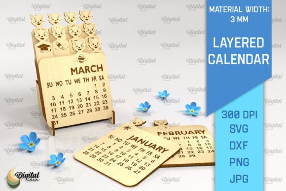 3D Layered Calendar Laser Cut. Cat SVG for Stands